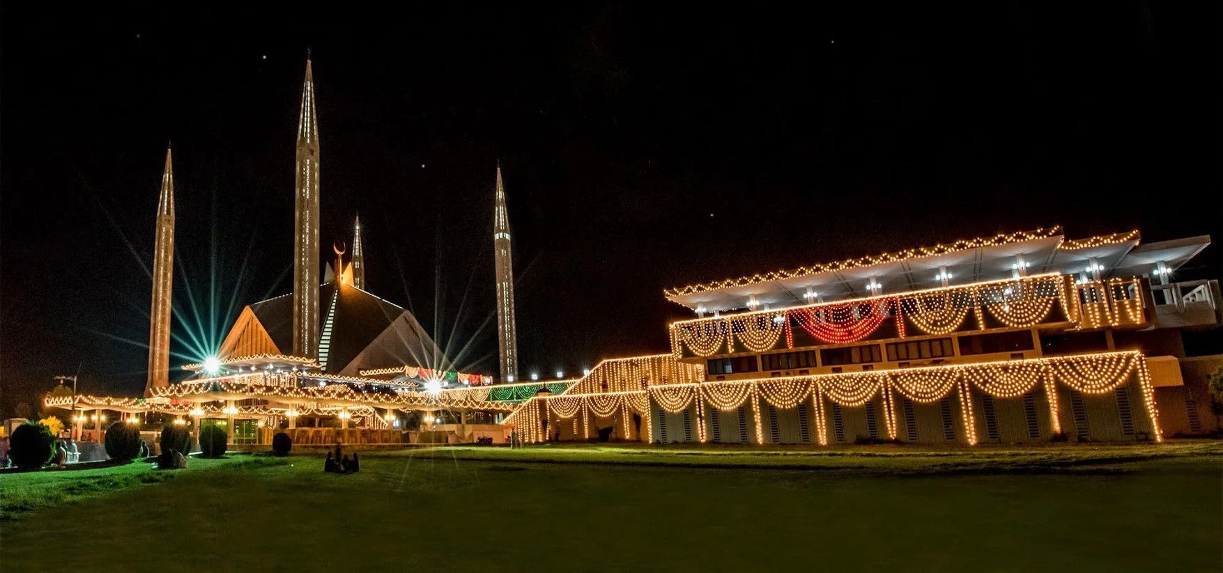 Faisal Mosque in Islamabad, Pakistan, decorated for Eid